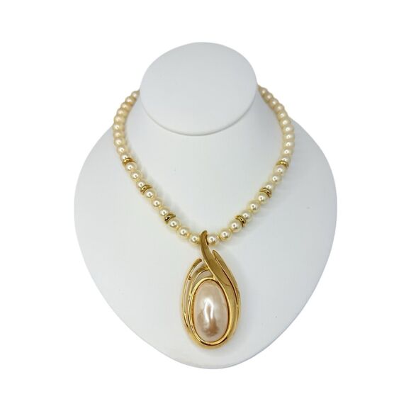 Vintage Napier Faux Pearl Gold Tone Pendant Necklace 24" - Picture 3 of 13
